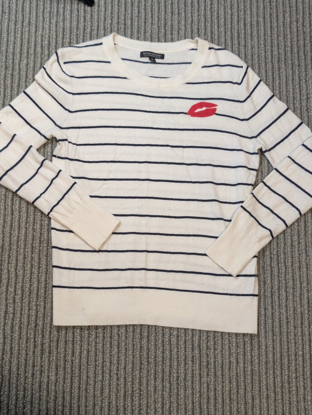 Banana Republic Cream & Navy Striped Sweater with Red Lip Patch